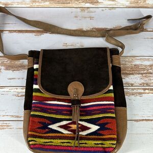 Vintage Handmade Malky Ecuador Woven Wool Black Suede Leather Shoulder Bag